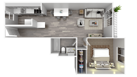 Floor plan for 1 bed, 1 bath, 667 sqft